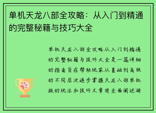 单机天龙八部全攻略：从入门到精通的完整秘籍与技巧大全